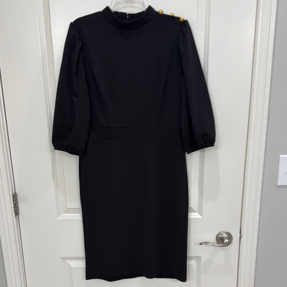 Knee-Length Black and Gold Sheath Dress with 3/4 Bishop Sleeves